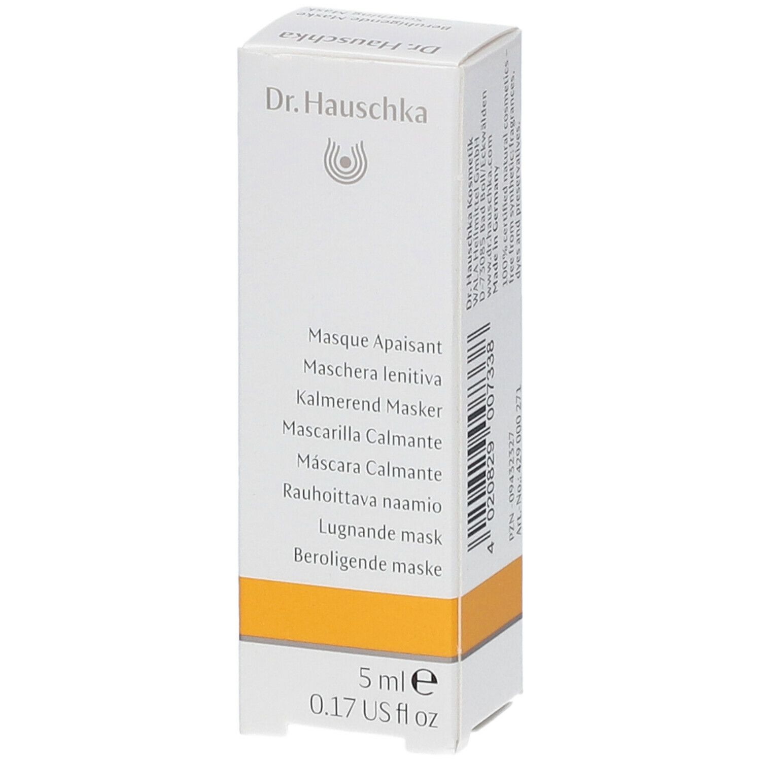 Scatola con prodotto. Scritta: Dr. Hauschka, Masque Apaisant, Kalmerend Masker, etc. 5 ml. Striscia gialla. Retro.