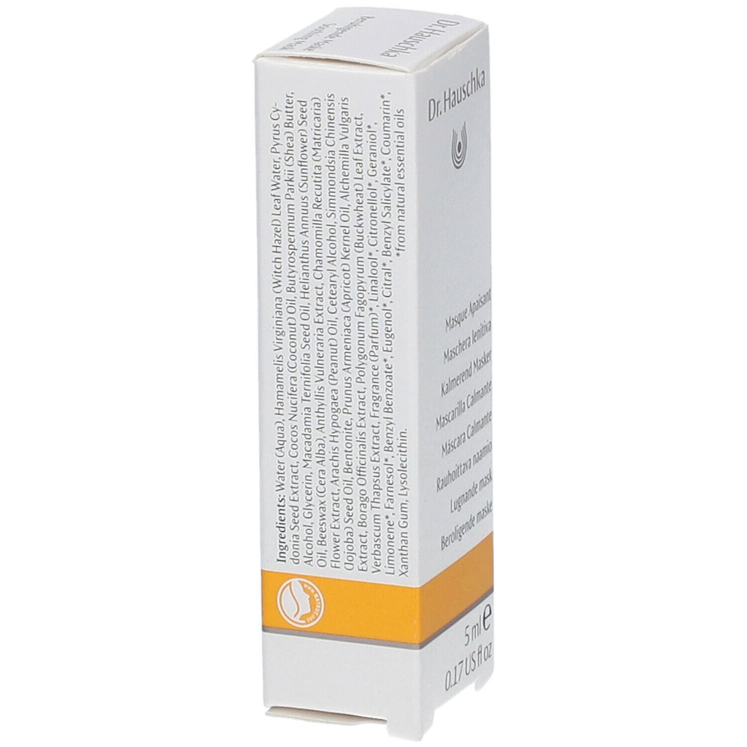 Scatola con prodotto. Ingredienti, loghi. Scritta: Dr. Hauschka, 5 ml. Striscia gialla. Retro.