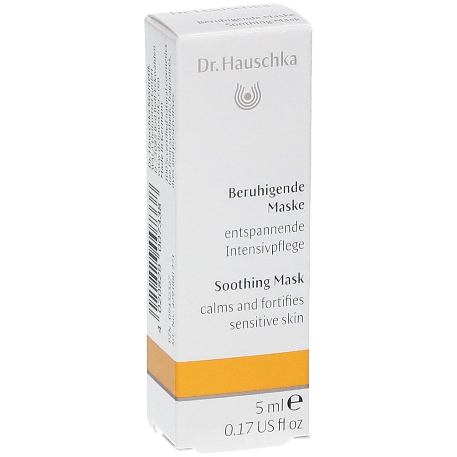 Scatola con prodotto. Scritta: Dr. Hauschka, Beruhigende Maske, Soothing Mask. 5 ml. Striscia gialla. Lato.