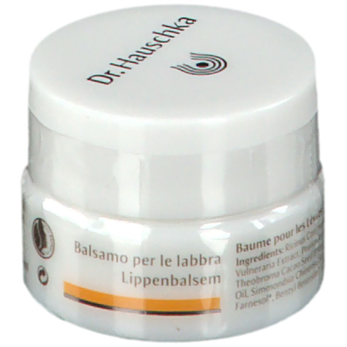 Vasetto bianco con "Dr. Hauschka" e ingredienti. Prodotto confezionato in pellicola.