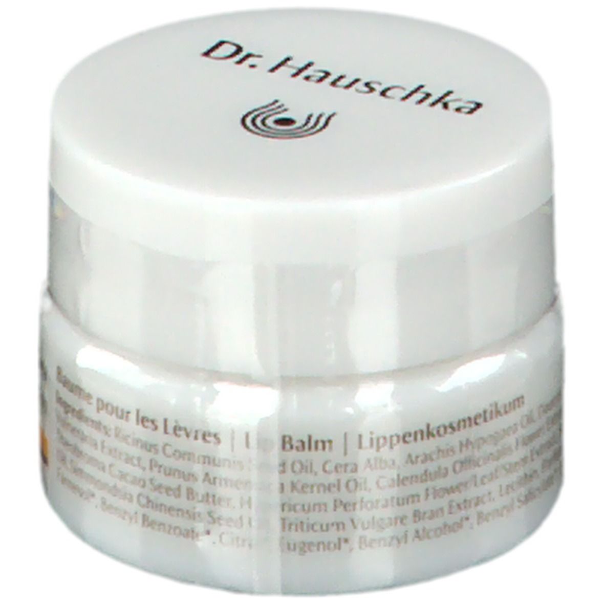 Vasetto bianco con "Dr. Hauschka" e ingredienti. Prodotto confezionato in pellicola.