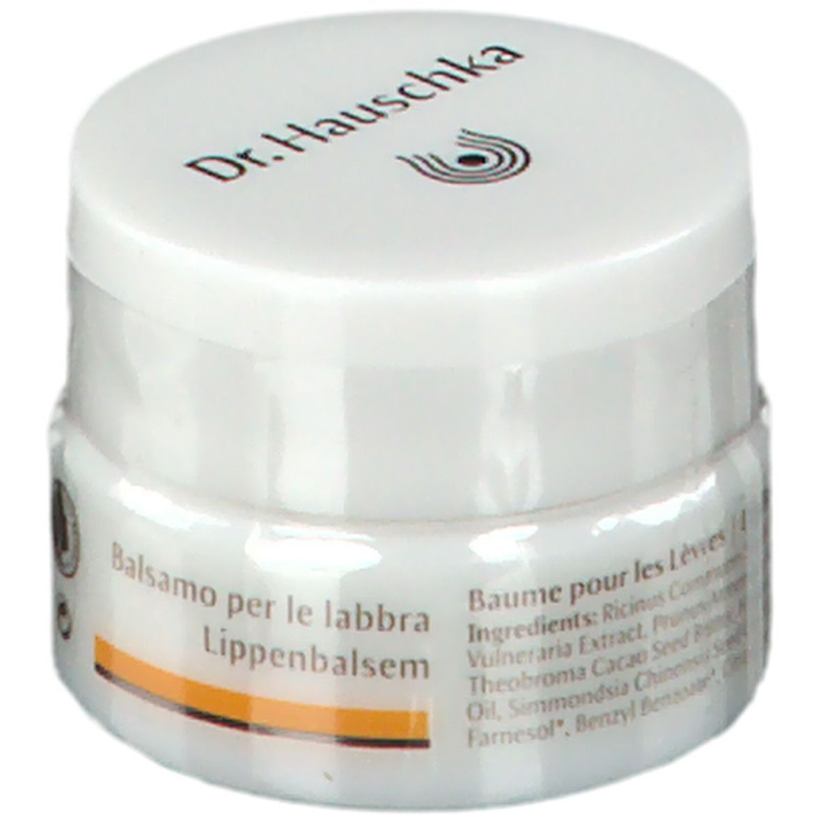 Vasetto bianco con "Dr. Hauschka" e ingredienti. Prodotto confezionato in pellicola.