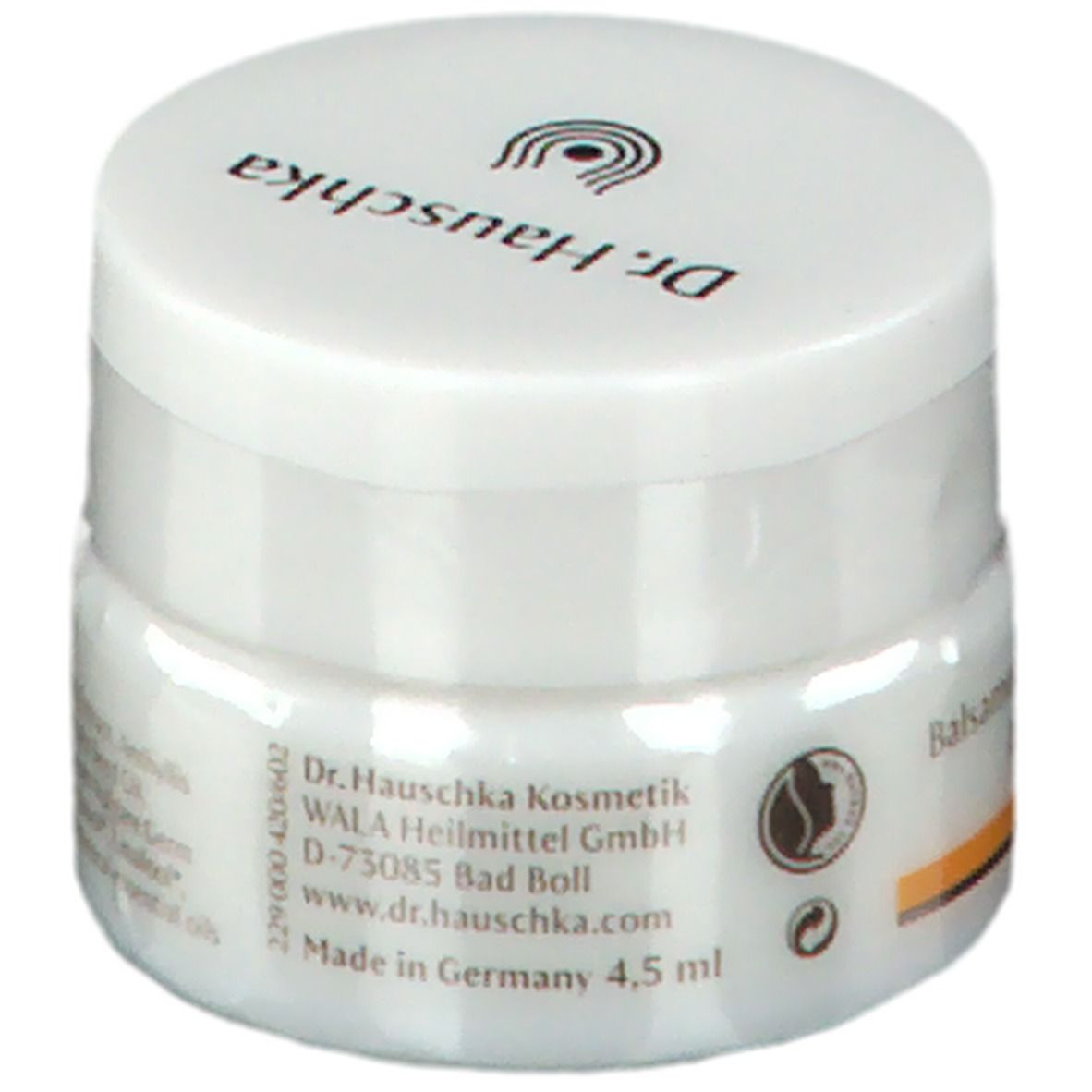 Vasetto bianco con "Dr. Hauschka" e ingredienti. Prodotto confezionato in pellicola. 4,5 ml.