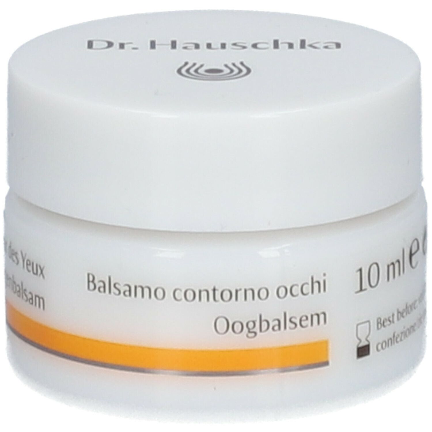 Vasetto bianco con fascia gialla. Scritta: Dr. Hauschka, Balsamo contorno occhi, 10 ml.