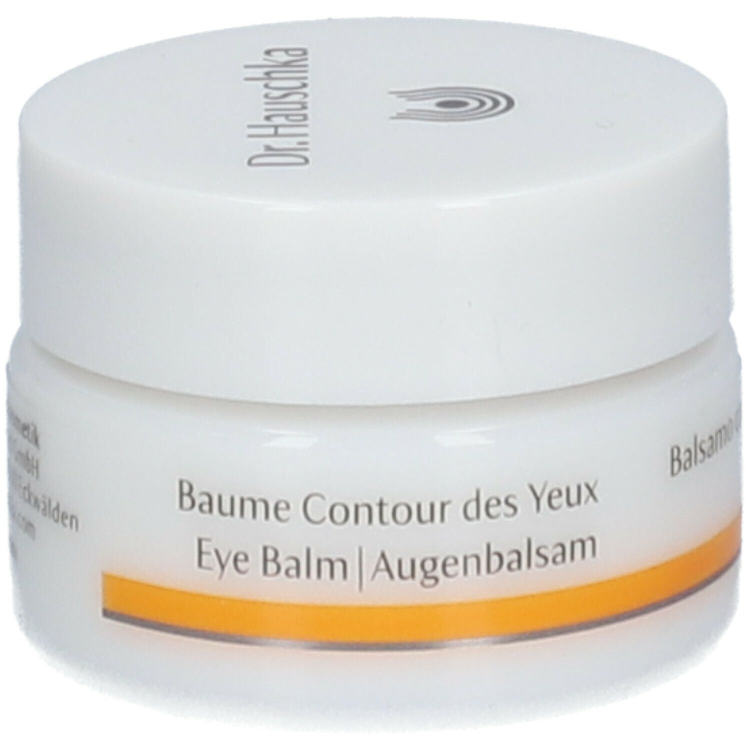 Vasetto bianco con fascia gialla. Scritta: Dr. Hauschka, Baume Contour des Yeux, Augenbalsam.