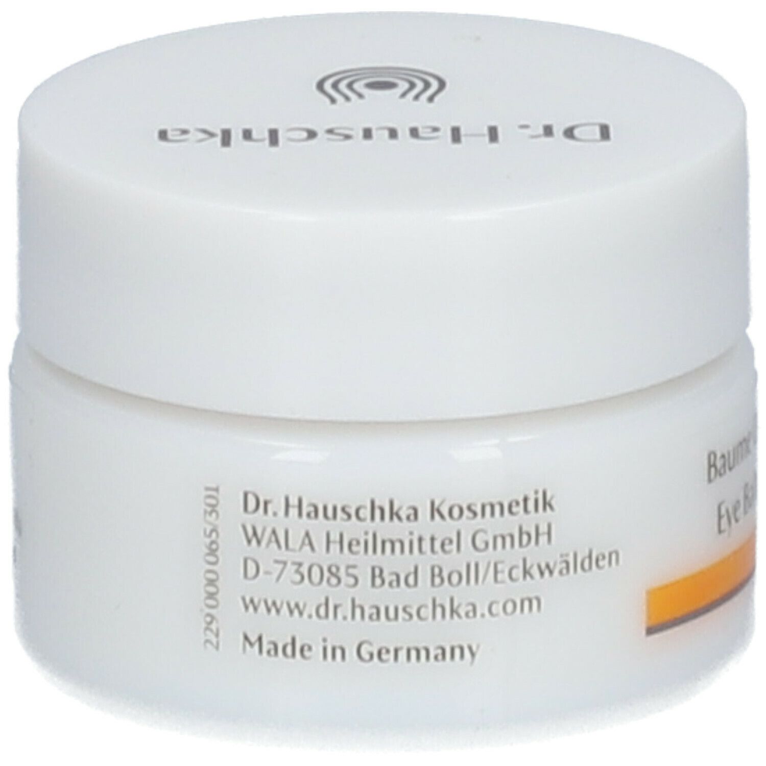 Vasetto bianco con fascia gialla. Scritta: Dr. Hauschka, indirizzo, Made in Germany.