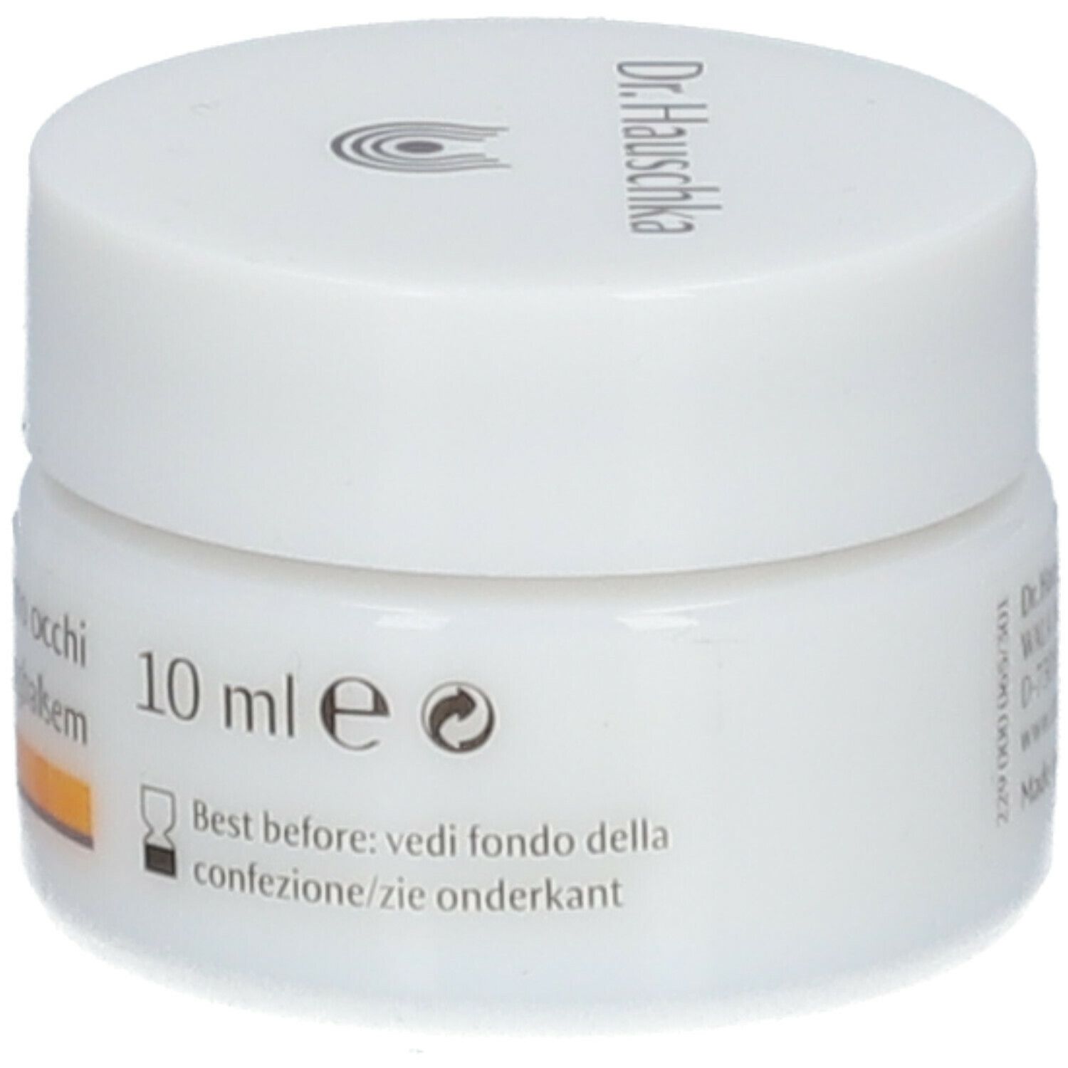 Vasetto bianco con fascia gialla. Scritta: Dr. Hauschka, Balsamo contorno occhi, 10 ml.