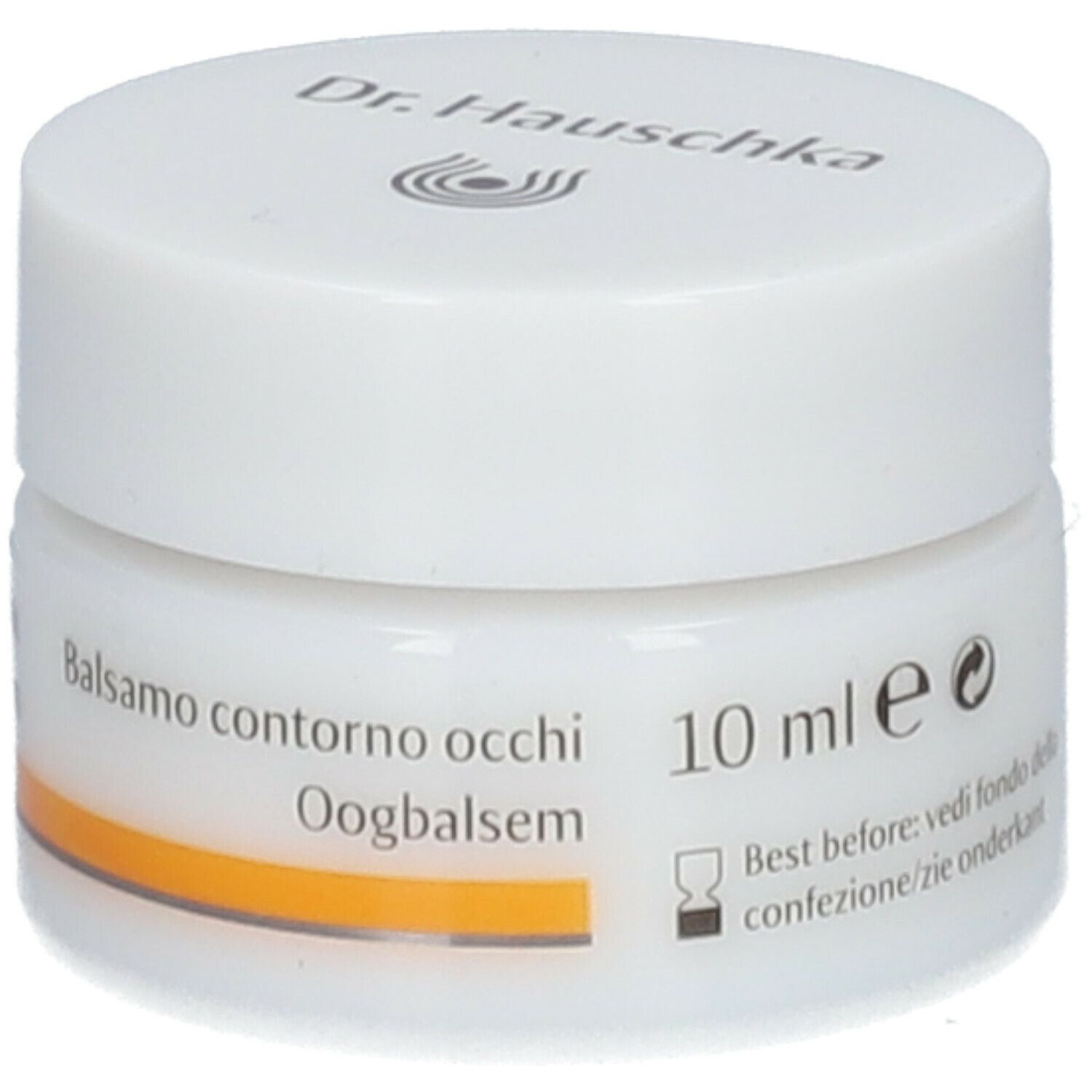 Vasetto bianco con fascia gialla. Scritta: Dr. Hauschka, Balsamo contorno occhi, 10 ml.
