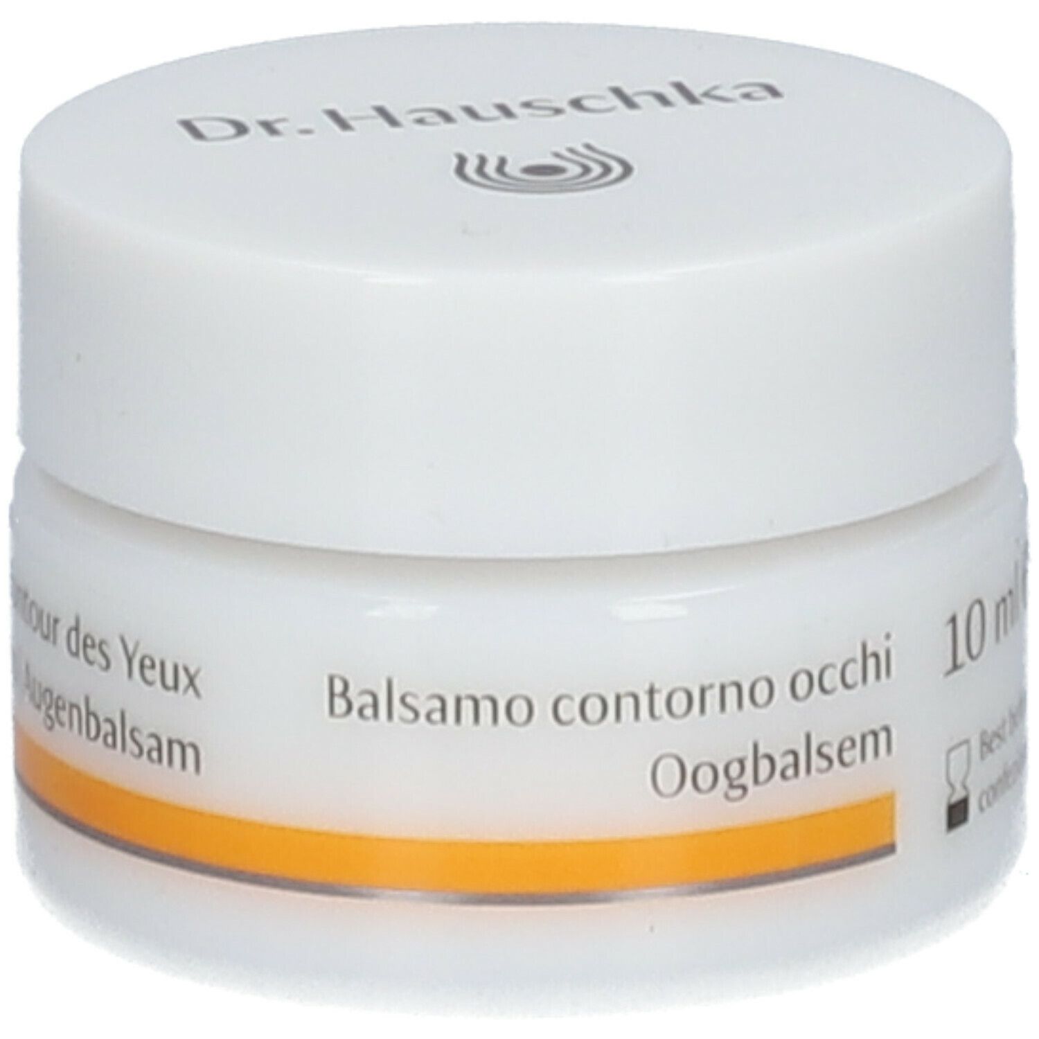 Vasetto bianco con fascia gialla. Scritta: Dr. Hauschka, Baume Contour des Yeux, 10 ml.