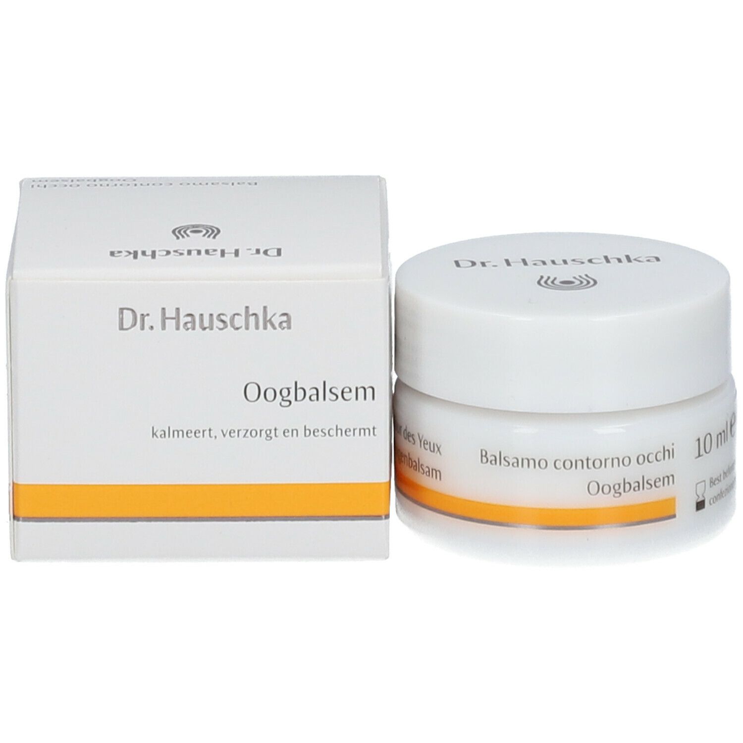 Vasetto e scatola bianchi. Scritta: Dr. Hauschka, Oogbalsem, 10 ml.