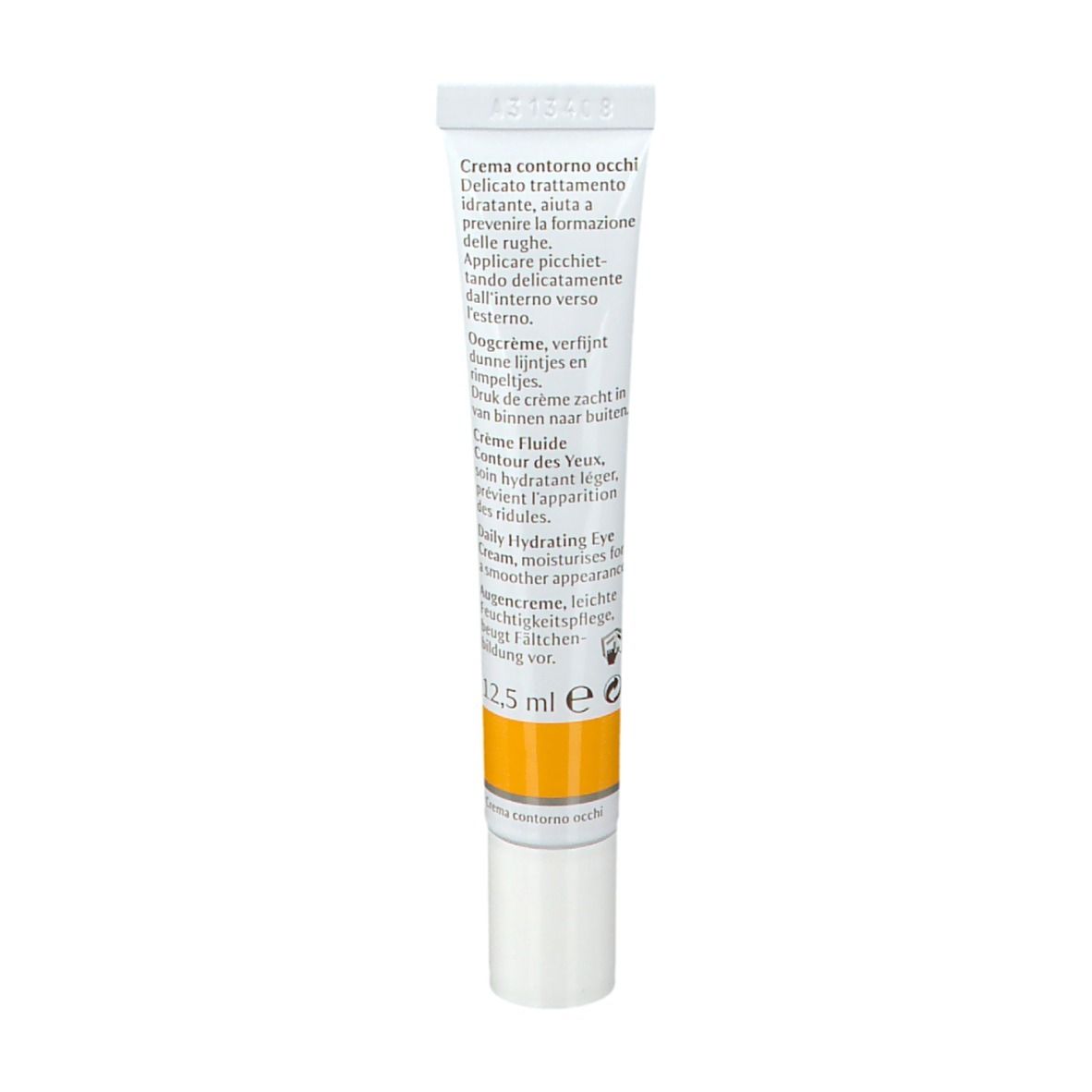 Tubo di crema contorno occhi e confezione. Scritta: Dr. Hauschka, Oogcrème. Striscia gialla.