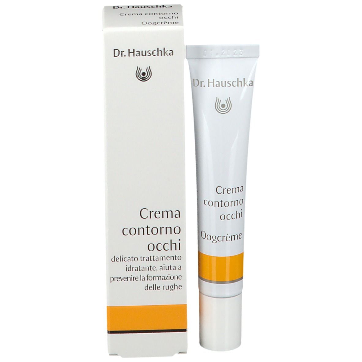 Confezione con crema contorno occhi. Scritta: Dr. Hauschka, Oogcrème. Striscia gialla in basso. Testo.