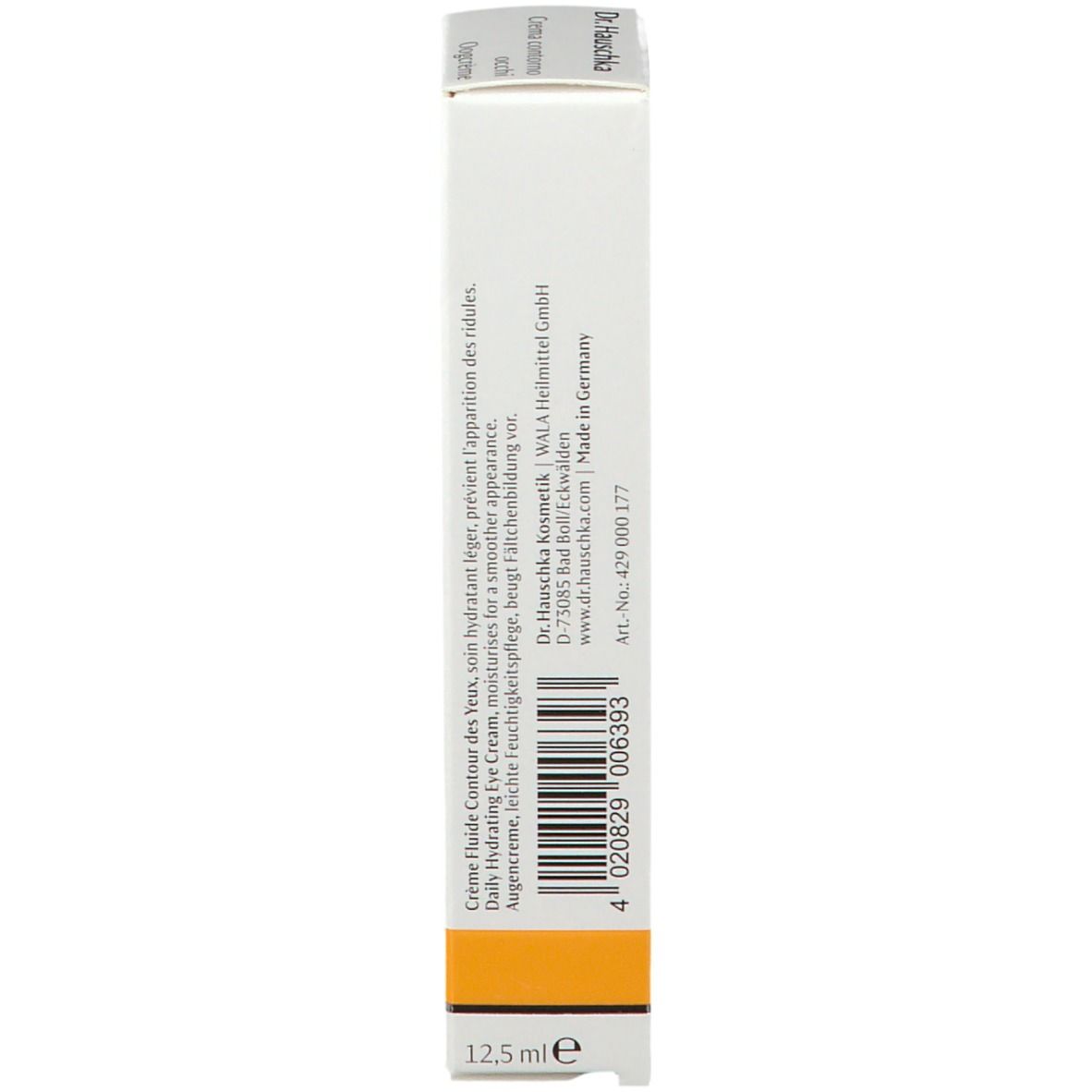 Confezione con crema contorno occhi. Scritta: Dr. Hauschka, Oogcrème. Striscia gialla in basso. Testo.