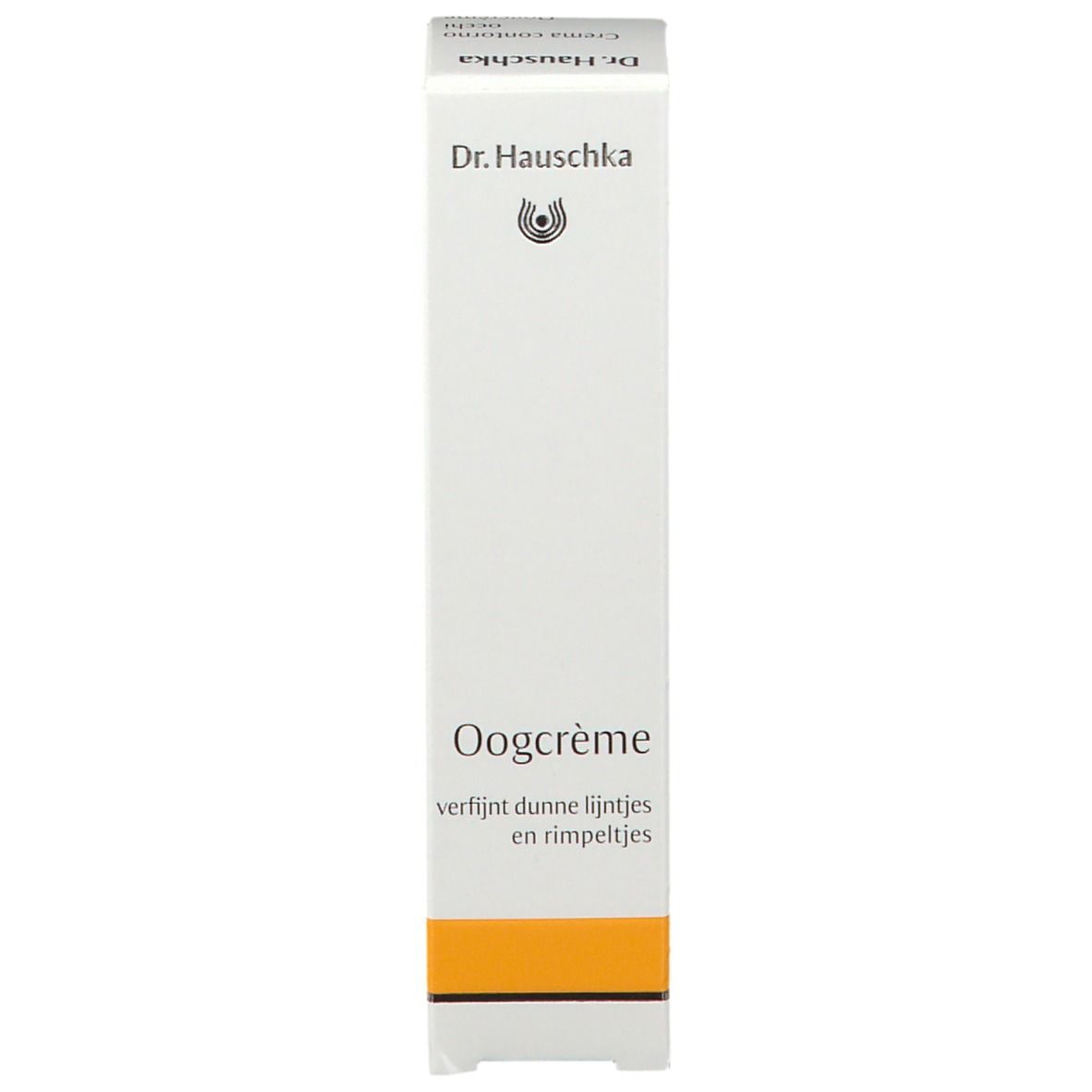 Confezione con crema contorno occhi. Scritta: Dr. Hauschka, Oogcrème. Striscia gialla in basso. Testo.