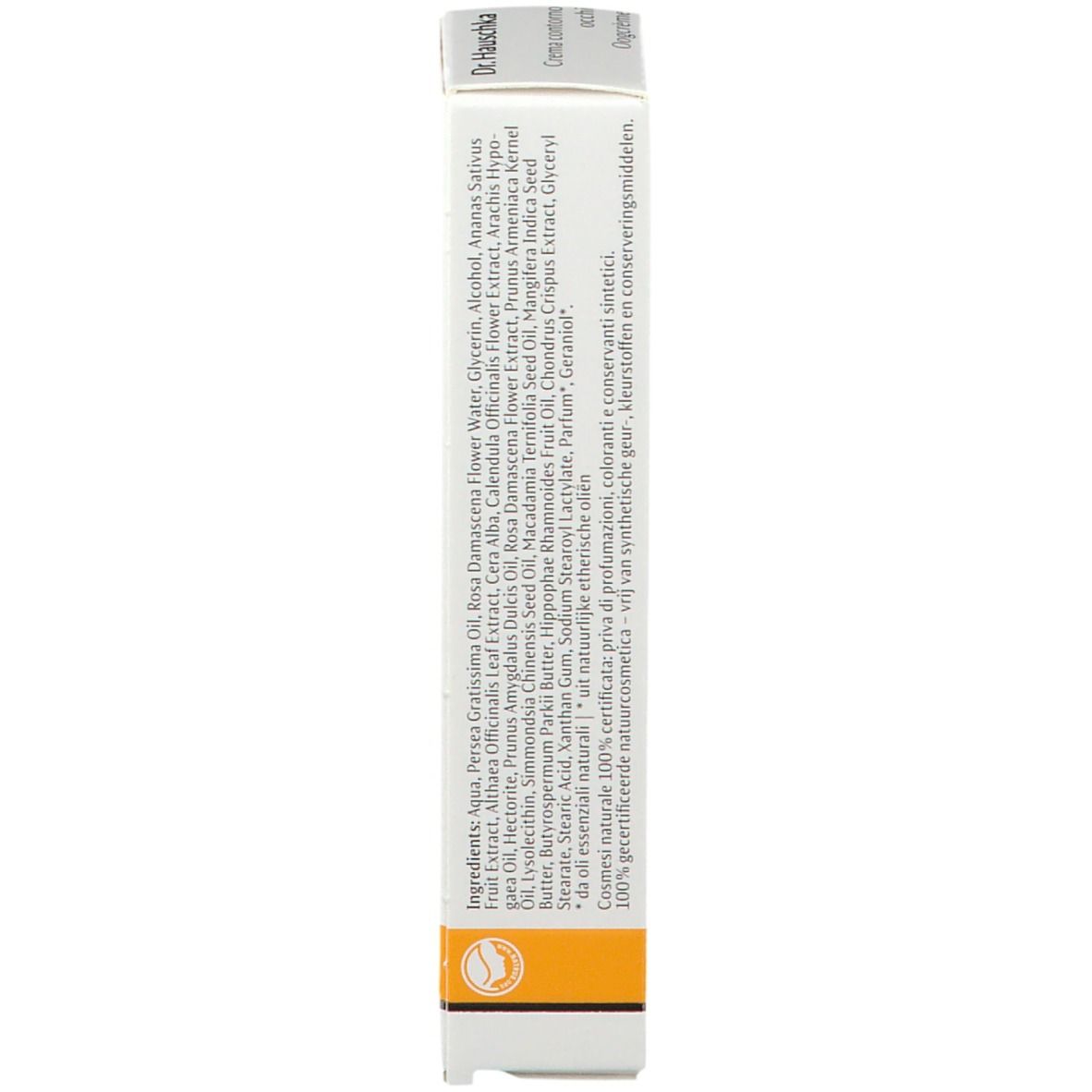 Confezione con crema contorno occhi. Scritta: Dr. Hauschka, Oogcrème. Striscia gialla in basso. Testo.