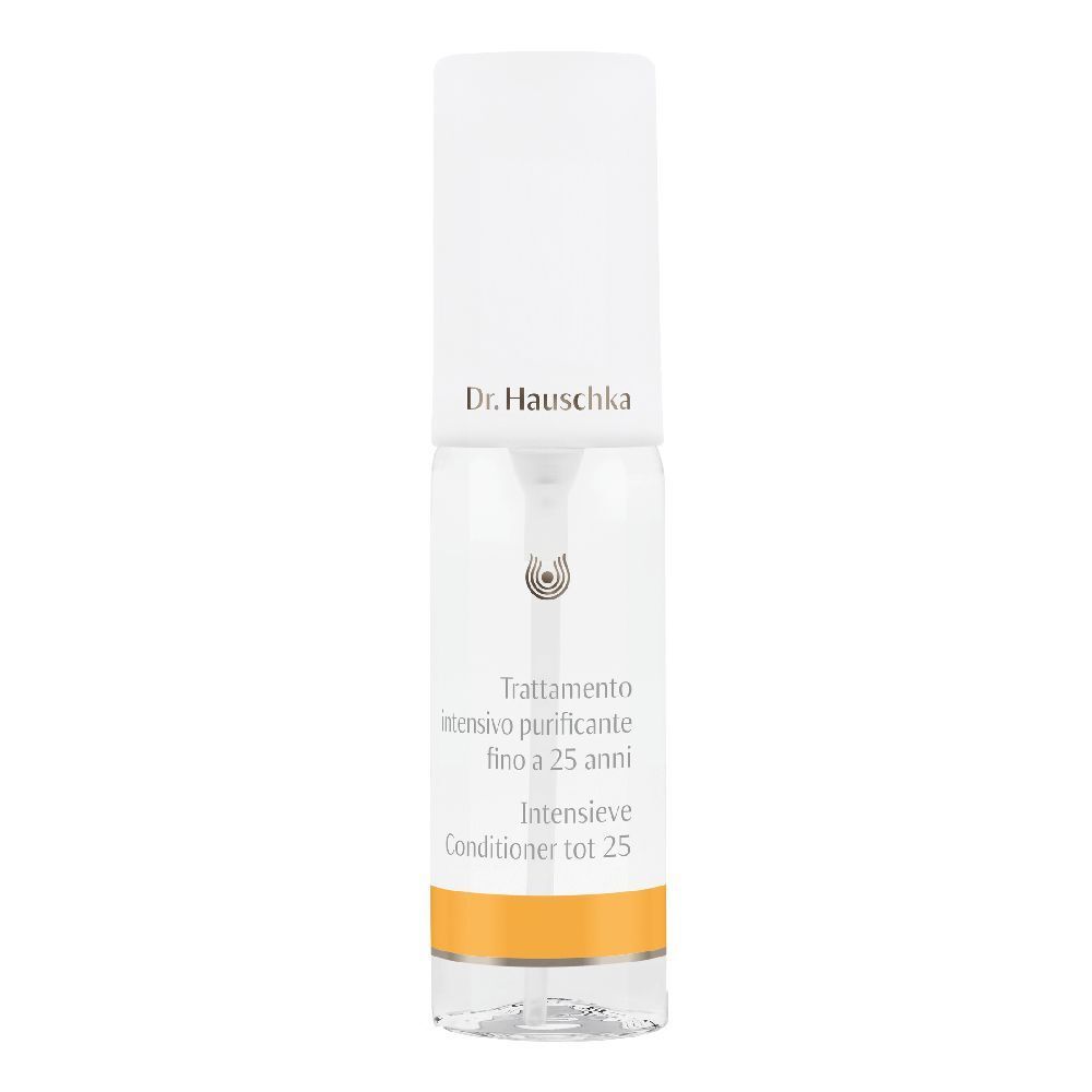 Flacone trasparente con vaporizzatore. Scritta: Dr. Hauschka, Intensivkur klärend bis 25. Striscia gialla.