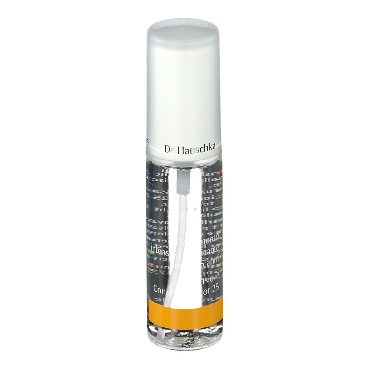 Flacone trasparente con vaporizzatore. Scritta: Dr. Hauschka. Striscia gialla. Etichetta con testo.