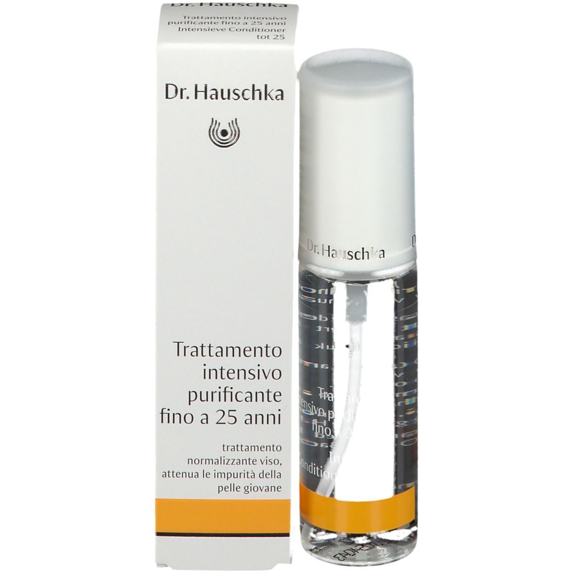 Flacone trasparente con vaporizzatore e confezione. Scritta: Dr. Hauschka. Striscia gialla. Testo sulla confezione.