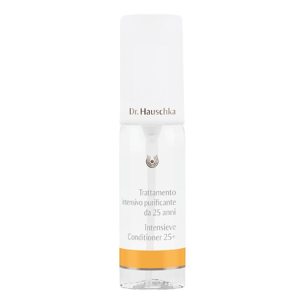 Flacone trasparente con erogatore bianco. Scritta: Dr. Hauschka, Intensivkur klärend ab 25. Striscia arancione.