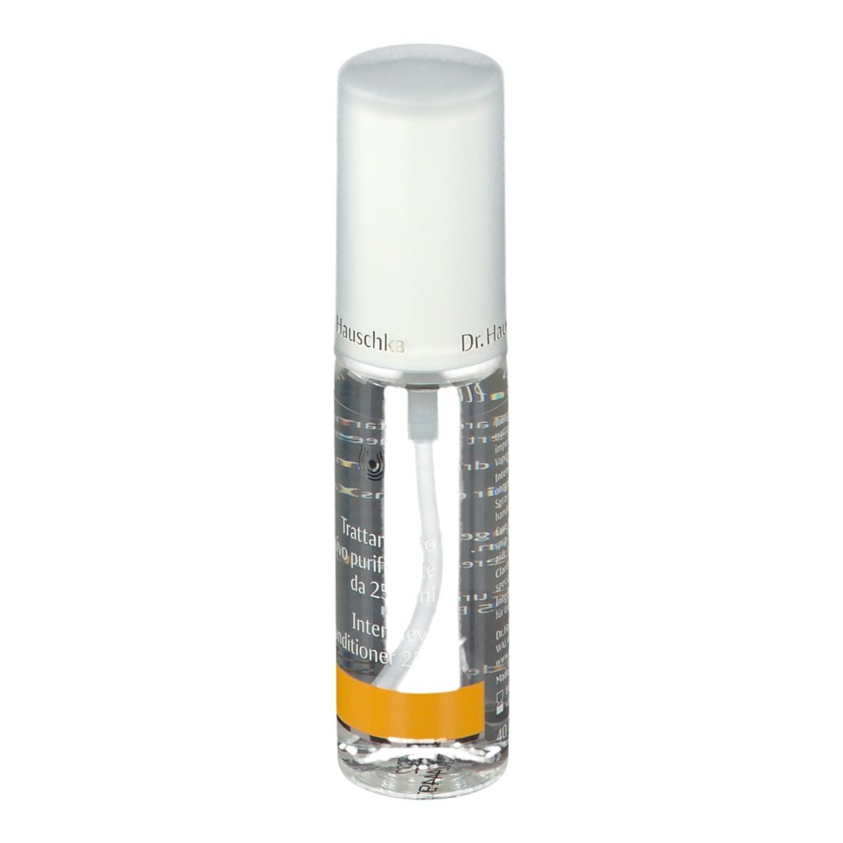 Flacone trasparente con erogatore bianco. Scritta: Dr. Hauschka, Intensivkur klärend ab 25. Striscia arancione.