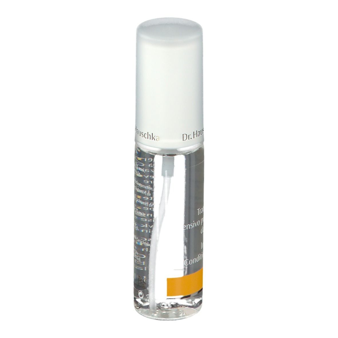 Flacone trasparente con erogatore bianco. Scritta: Dr. Hauschka, Intensivkur klärend ab 25. Striscia arancione.