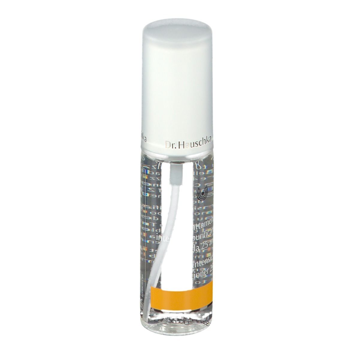 Flacone trasparente con erogatore bianco. Scritta: Dr. Hauschka, Intensivkur klärend ab 25. Striscia arancione.