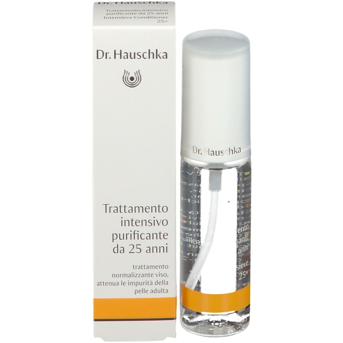 Flacone trasparente con erogatore bianco e confezione. Scritta: Dr. Hauschka, Intensivkur klärend ab 25. Striscia arancione.