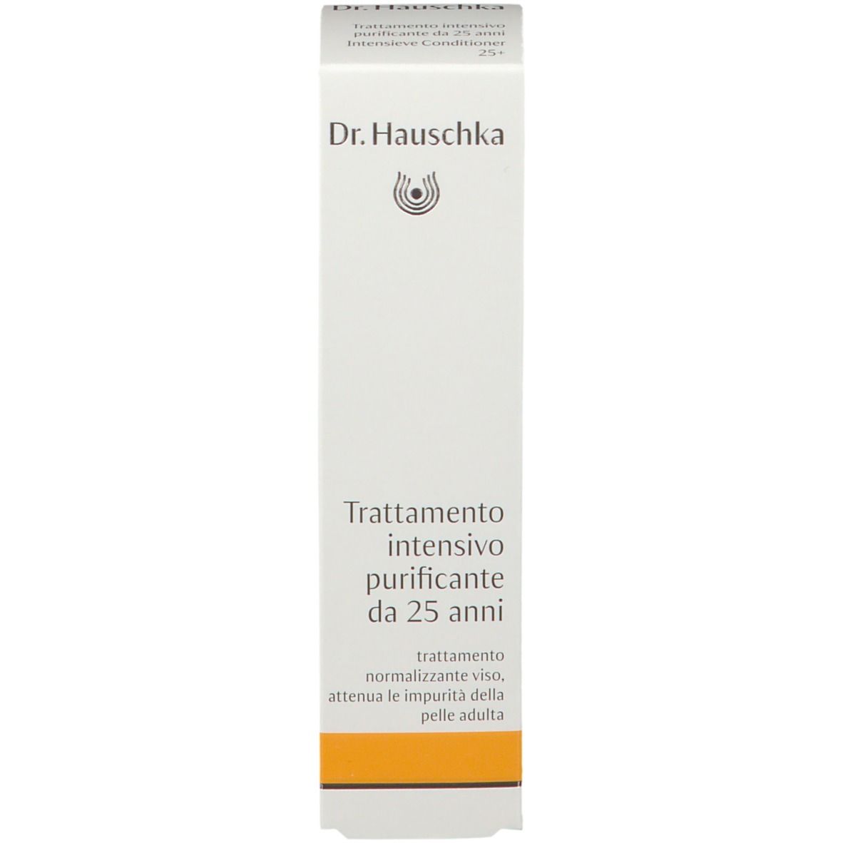 Confezione bianca con informazioni sul prodotto. Scritta: Dr. Hauschka, Intensivkur klärend ab 25. Striscia arancione.