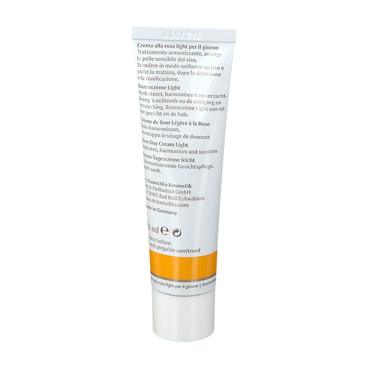 Retro del tubo. Testo in più lingue. Scritta: Dr. Hauschka, Creme alla rosa light per il giorno, Rozencrème Light.