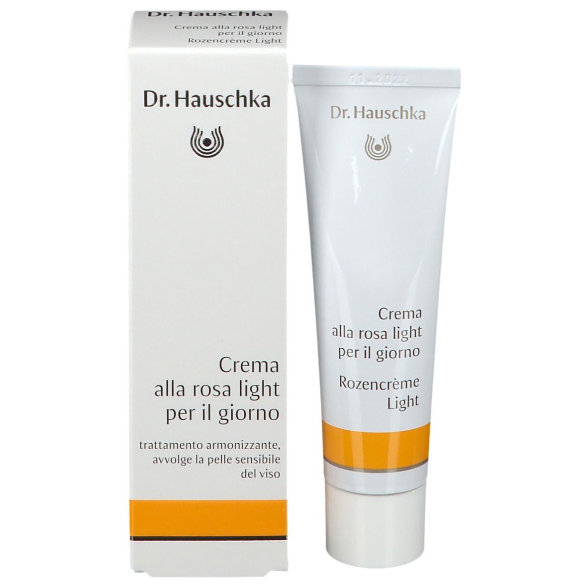 Confezione e tubo. Scritta: Dr. Hauschka, Creme alla rosa light per il giorno, Rozencrème Light.