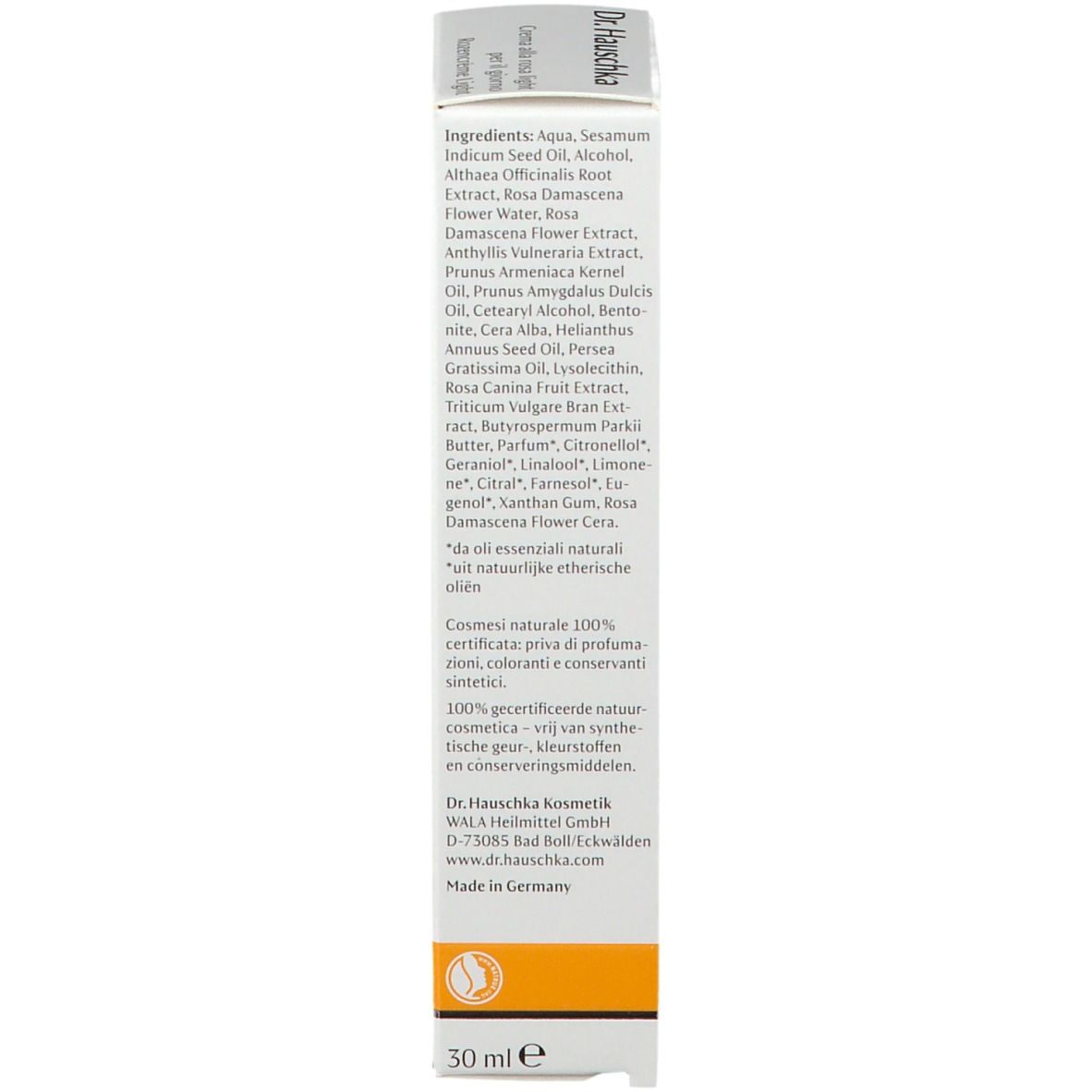 Confezione con ingredienti. Scritta: Dr. Hauschka, ingredienti, 30 ml.