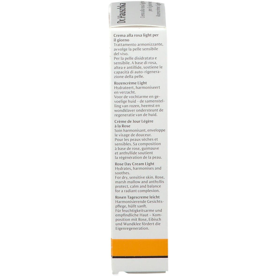 Retro della confezione. Testo in più lingue. Scritta: Dr. Hauschka, Creme alla rosa light per il giorno, Rozencrème Light.