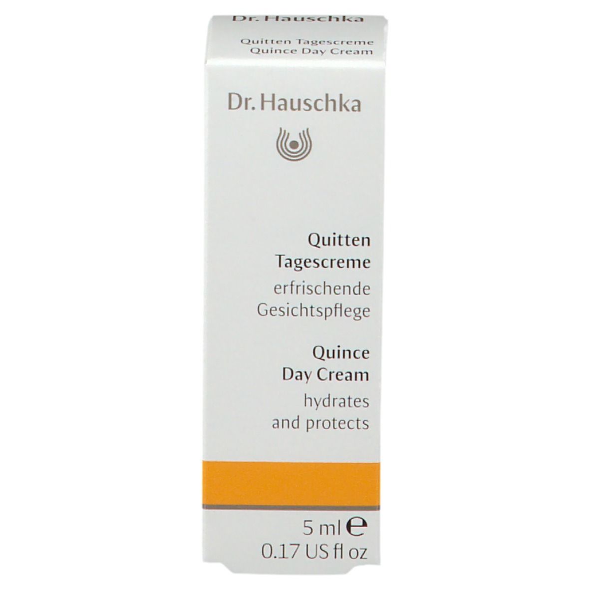 Scatola con informazioni sul prodotto. Marchio Dr. Hauschka. 5 ml. Striscia gialla. Cura del viso.