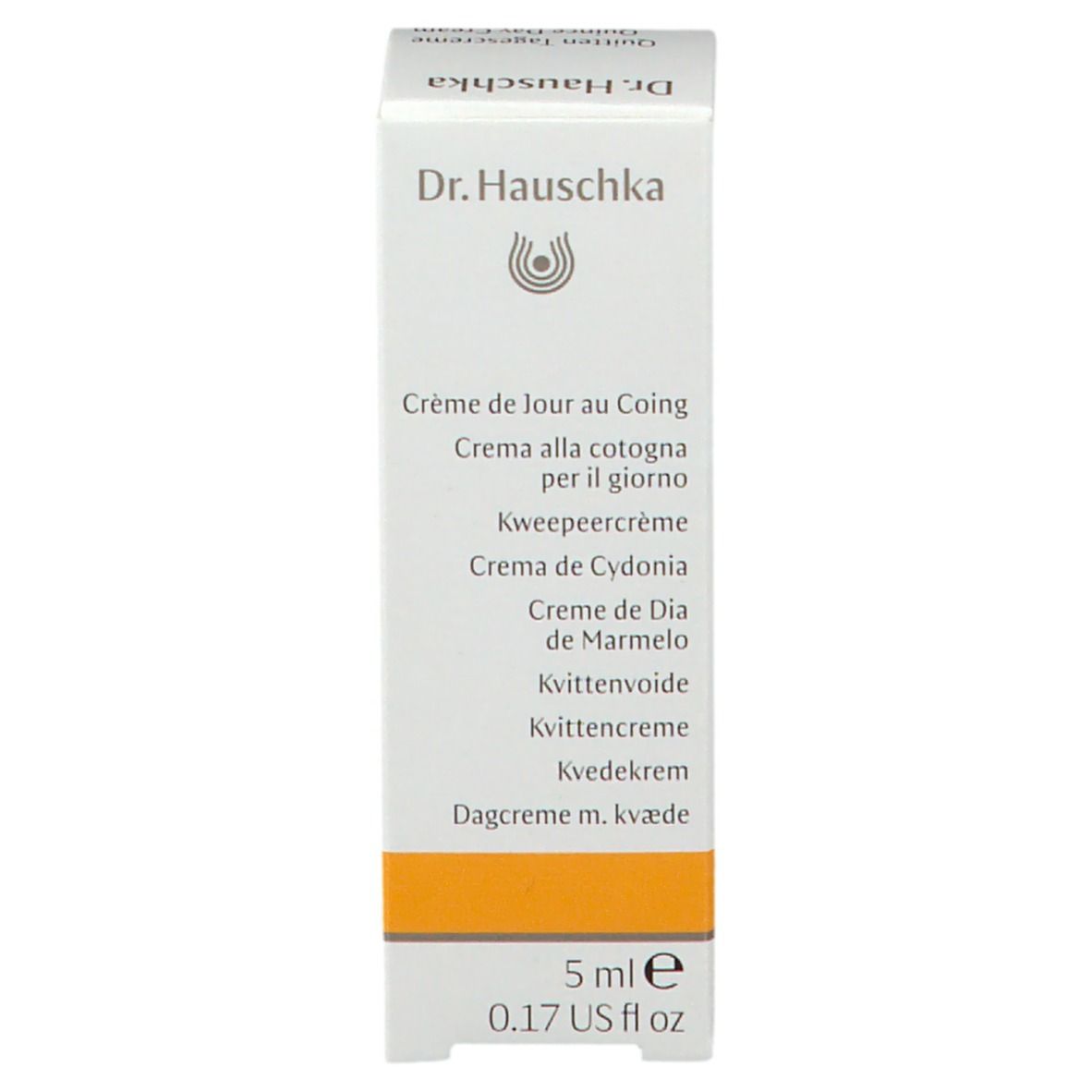 Scatola con nomi di prodotti in più lingue. 5 ml. Marchio Dr. Hauschka. Striscia gialla.