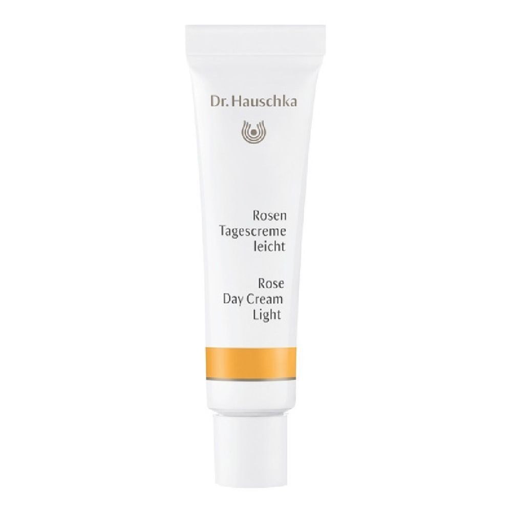 Tubo bianco con Dr. Hauschka, Rosen Tagescreme leicht, Rose Day Cream Light. Striscia gialla.