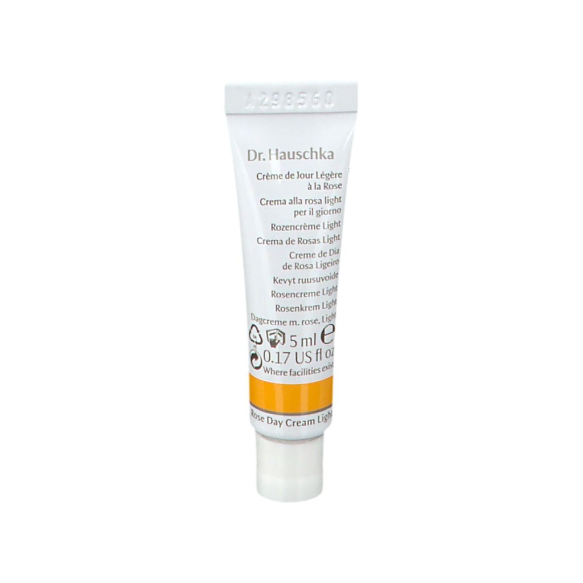 Tubo bianco con Dr. Hauschka, Rosen Tagescreme leicht, Rose Day Cream Light. Striscia gialla. 5ml.