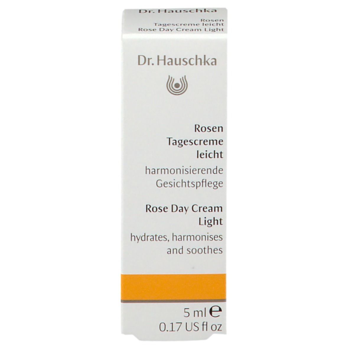 Scatola bianca con Dr. Hauschka, Rosen Tagescreme leicht, harmonisierende Gesichtspflege, 5 ml.