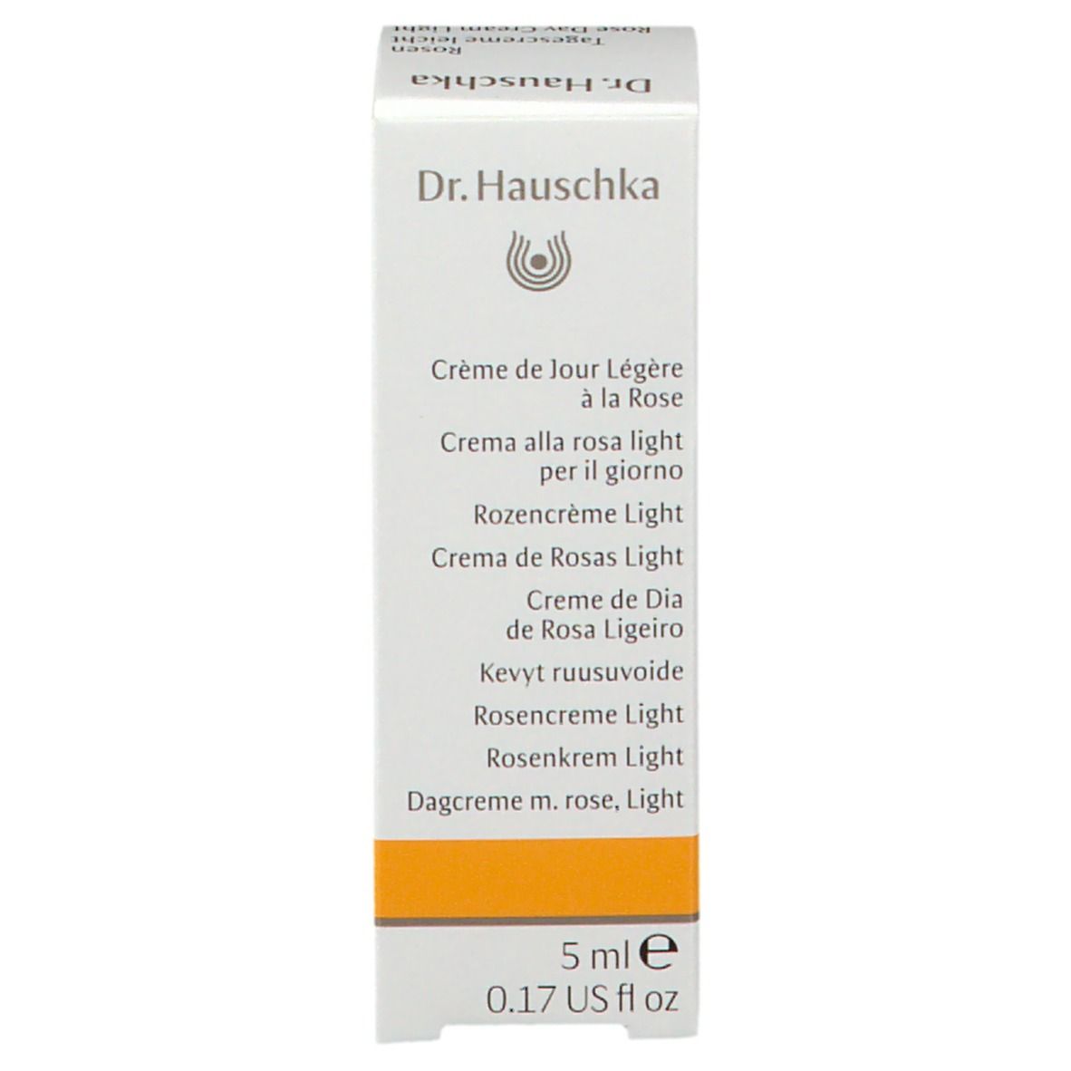 Vista laterale della scatola con testo multilingue: Crème de jour légère à la Rose, Rosencreme Light, etc. 5 ml.