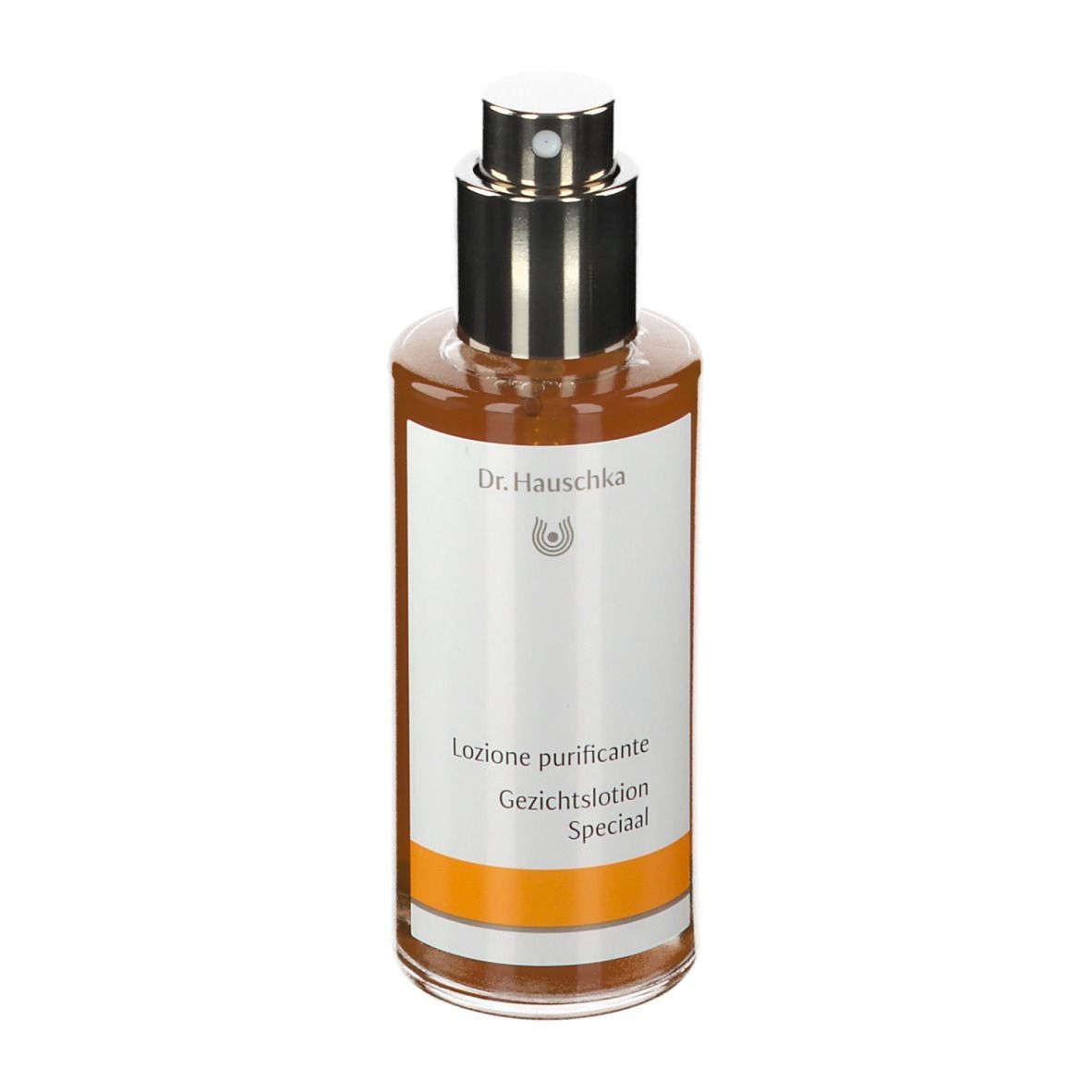 Flacone di vetro marrone con vaporizzatore. Etichetta con nome del prodotto e logo. Dr. Hauschka Gesichtstonikum klärend.