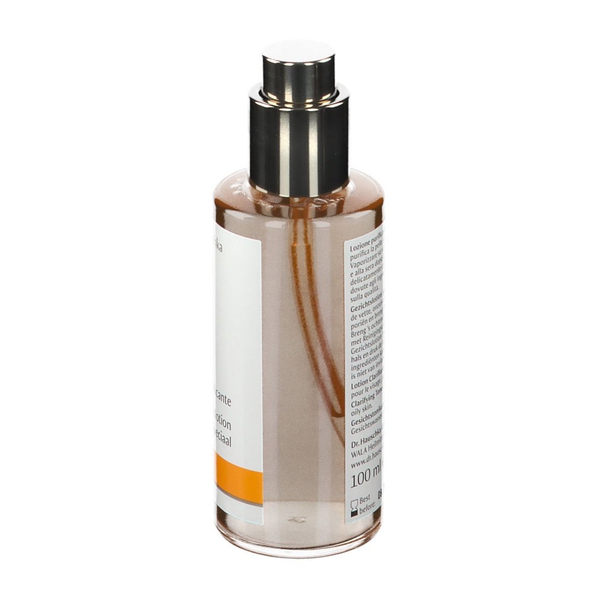 Flacone di vetro marrone con vaporizzatore. Etichetta con nome del prodotto e logo. Dr. Hauschka Gesichtstonikum klärend.