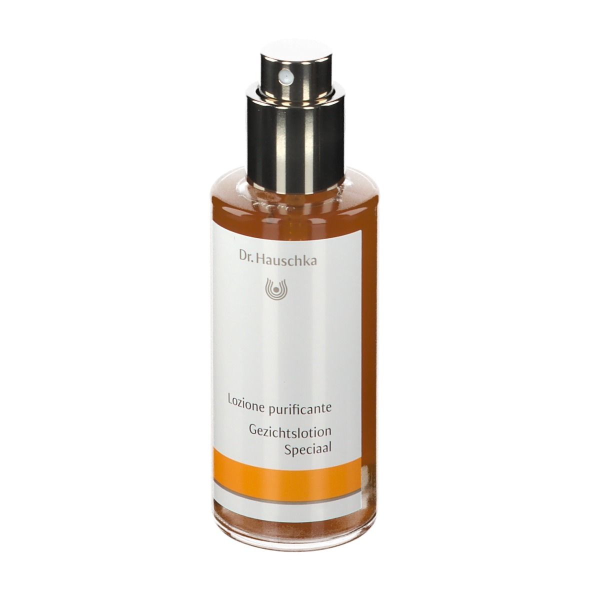 Flacone di vetro marrone con vaporizzatore. Etichetta con nome del prodotto e logo. Dr. Hauschka Gesichtstonikum klärend.