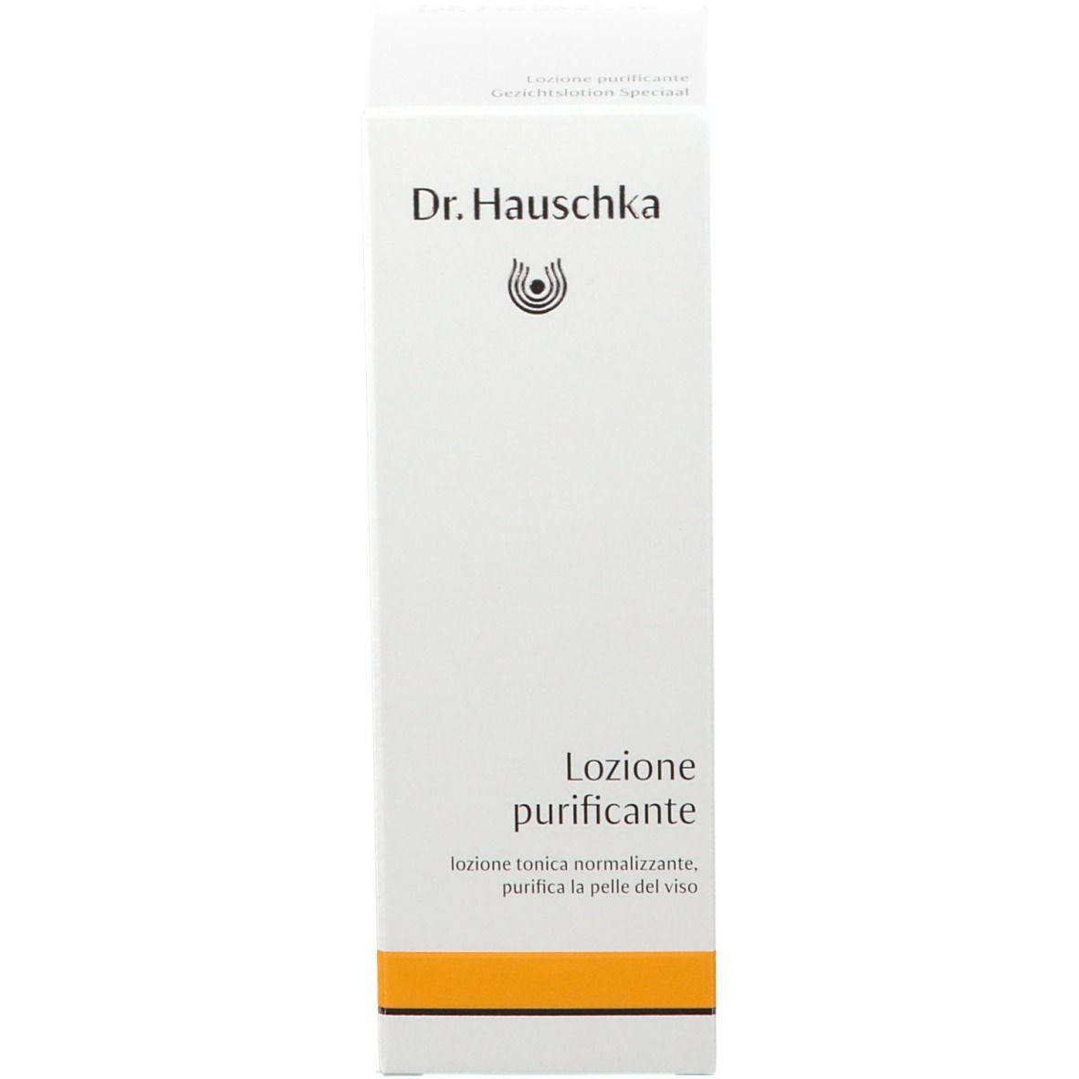 Flacone e confezione del prodotto. Dr. Hauschka Gesichtstonikum klärend. Confezione bianca con nome del prodotto.