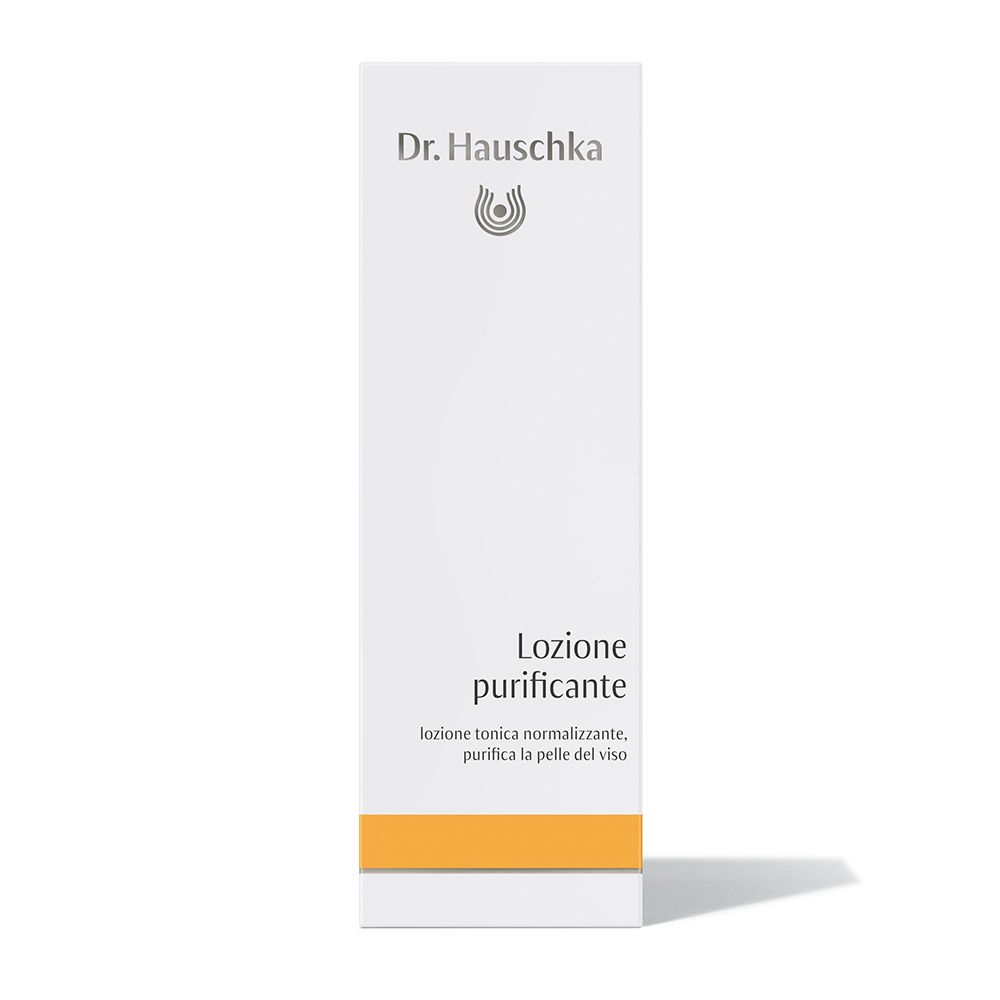 Confezione bianca con nome del prodotto e logo. Dr. Hauschka Gesichtstonikum klärend. Striscia gialla in basso.