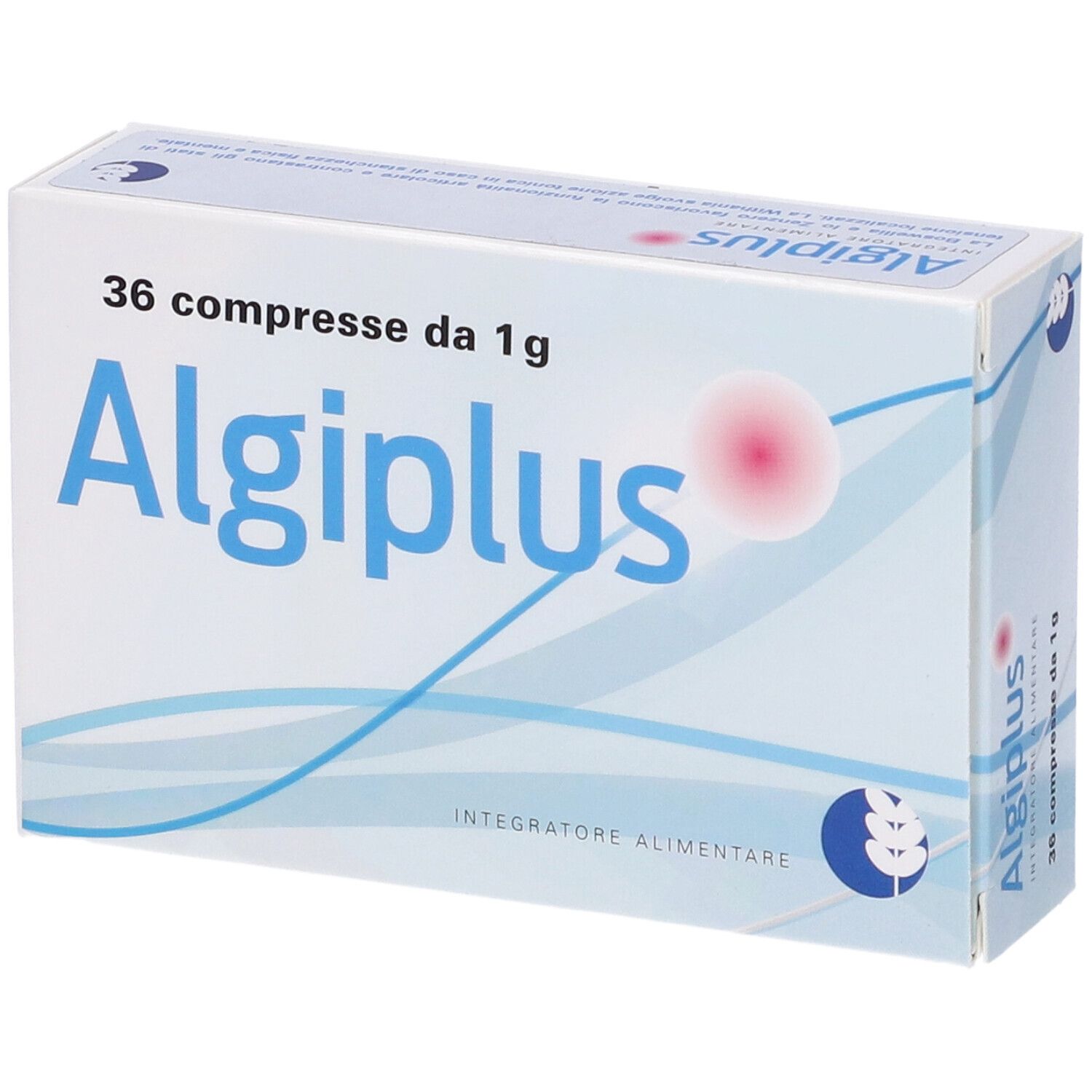Scatola bianca con testo blu. Scritto: Algiplus, 36 compresse da 1g. Logo: sfera rossa, spiga di grano.