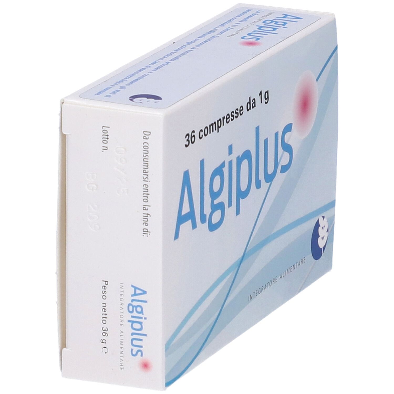 Scatola bianca con testo blu. Scritto: Algiplus, 36 compresse da 1g. Logo: sfera rossa, spiga di grano.