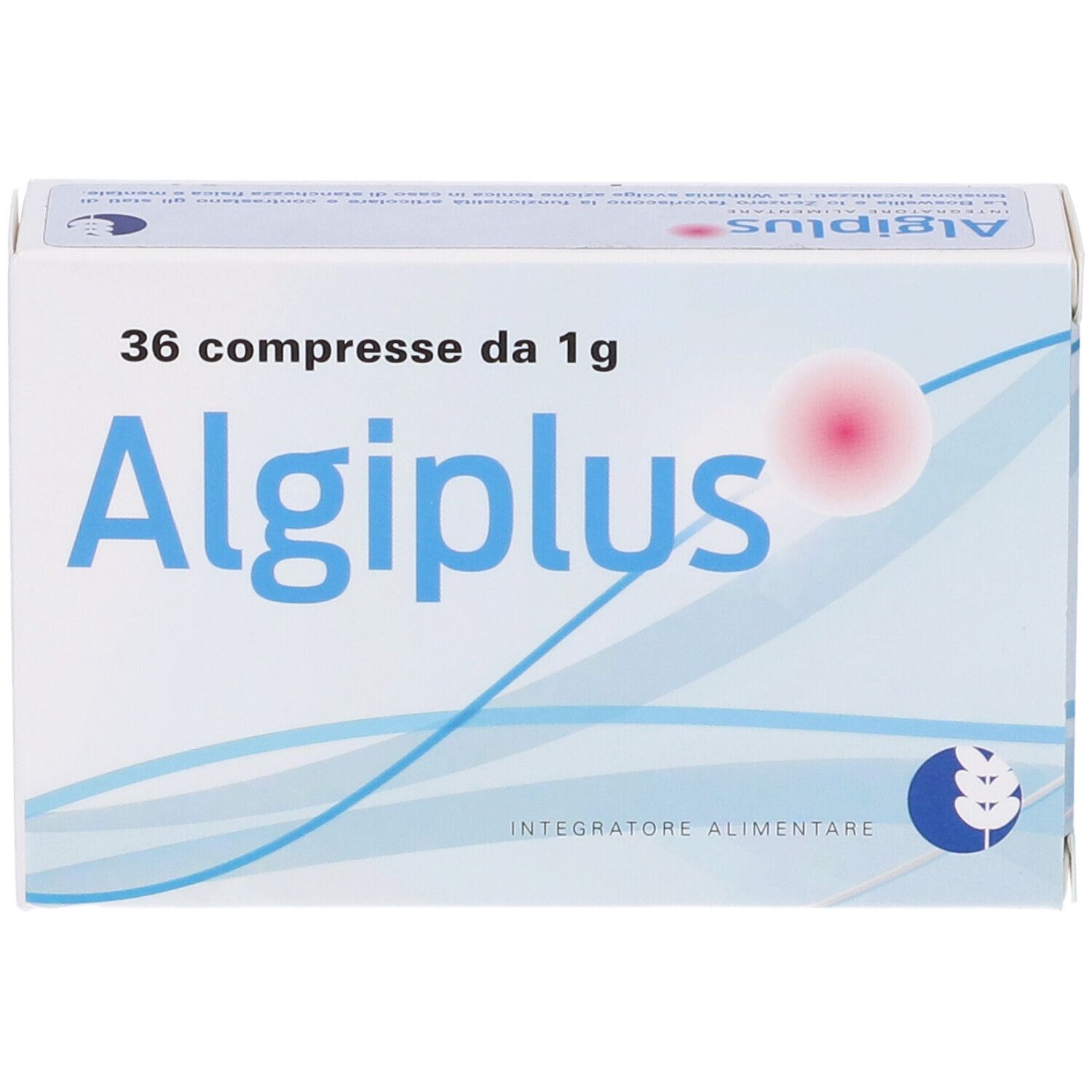 Scatola bianca con testo blu. Scritto: Algiplus, 36 compresse da 1g. Logo: sfera rossa, spiga di grano.