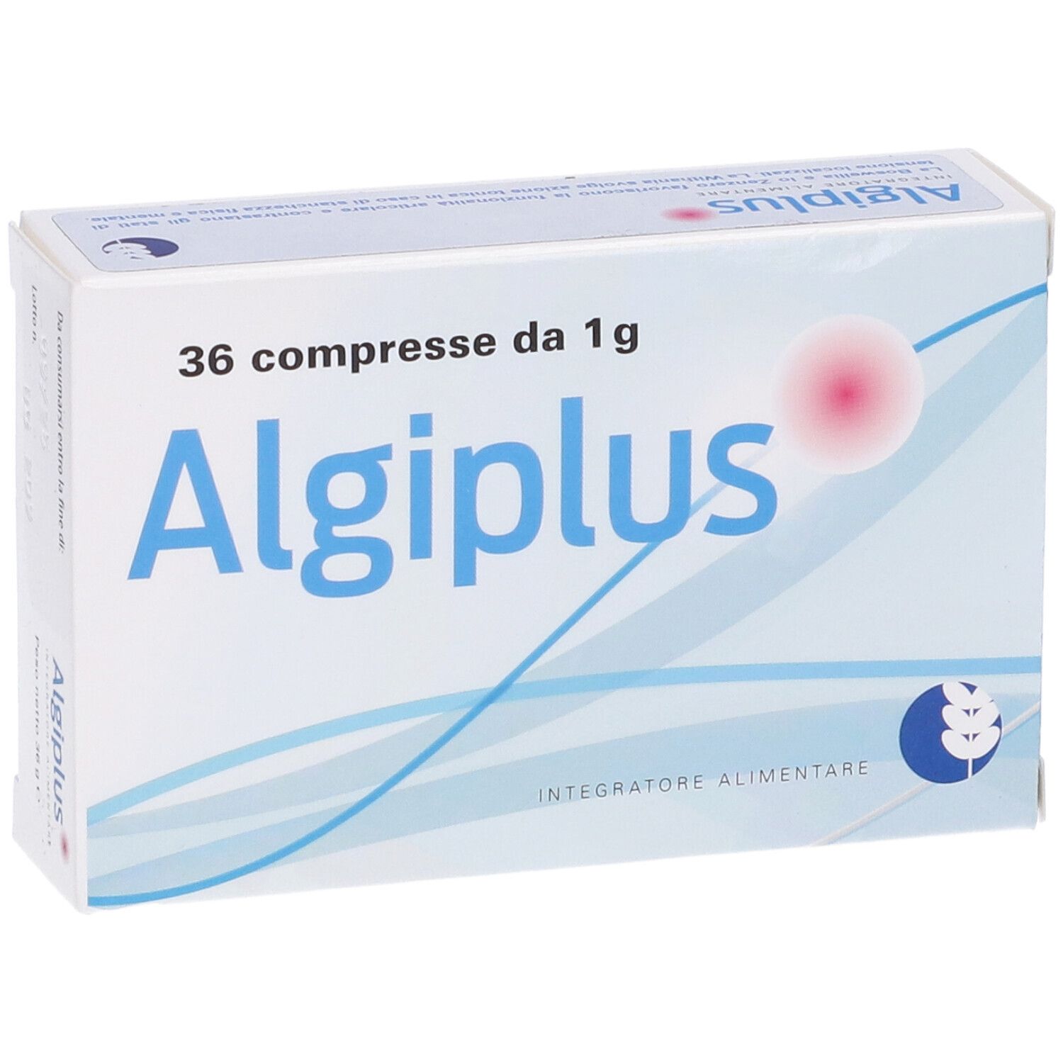 Scatola bianca con testo blu. Scritto: Algiplus, 36 compresse da 1g. Logo: sfera rossa, spiga di grano.