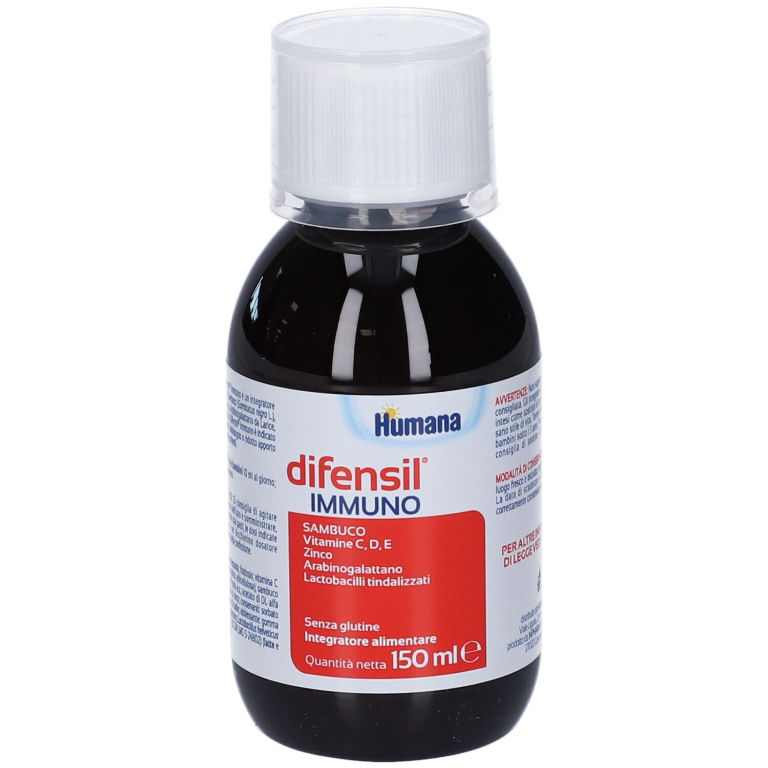 Braune Flüssigkeit in einer Flasche mit weißem Deckel. Aufschrift: difensil immuno, Humana. Roter Aufkleber mit Inhaltsstoffen.