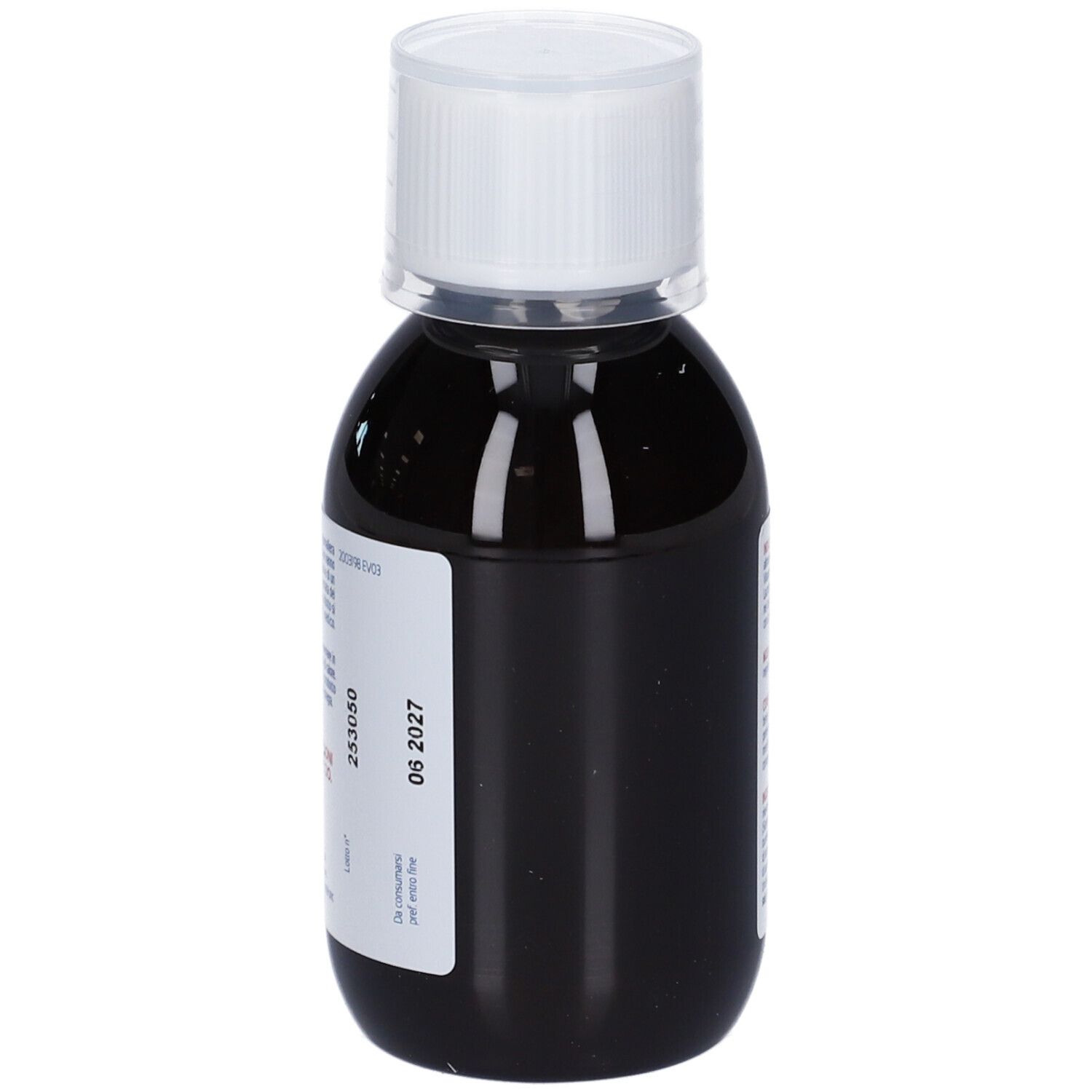Flasche mit brauner Flüssigkeit und weißem Deckel. Aufkleber mit Chargennummer und Verfallsdatum: 06 2027.