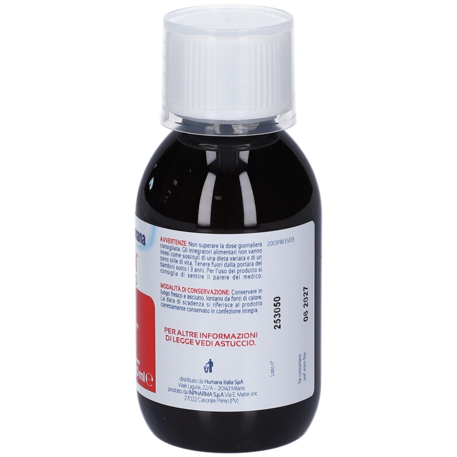 Flasche mit brauner Flüssigkeit und weißem Deckel. Aufkleber mit Chargennummer und Verfallsdatum: 06 2027. Roter Aufkleber.